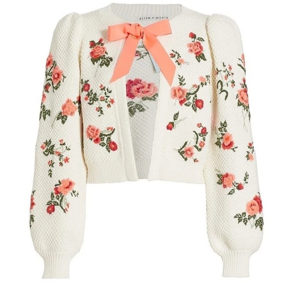 ALICE + OLIVIA Kitty Floral Embroidered Puff Sleeve Wool Cardigan Size Med NWT - Picture 3 of 11